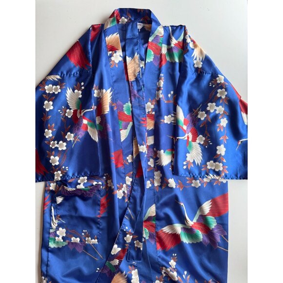 Vintage ICHIBAN Blue Oriental Floral Crane Print Satin Kimono Robe, One Size - Picture 6 of 13